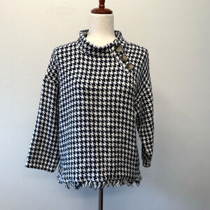 Zara Houndstooth Sweater Womens Size M Black White Fringe Hem Retro Artsy Twee